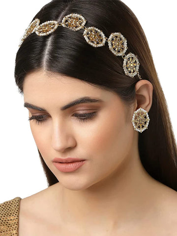 Karatcart Gold-Plated White Kundan-Studded Handcrafted Hairband with Earring Combo for Women