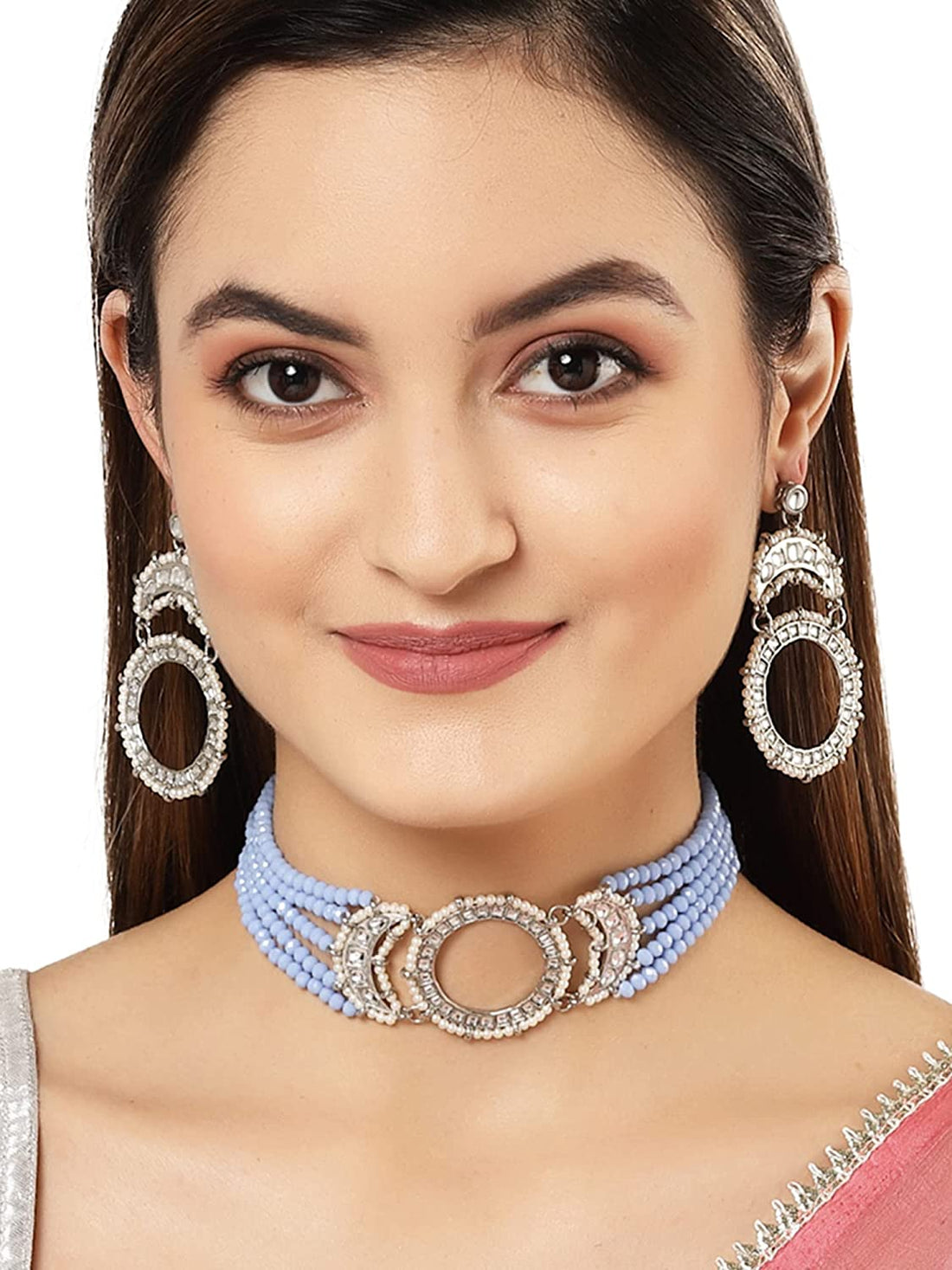 Karatcart Oxidised Silver Light Blue Crystal Choker Necklace Setfor Women