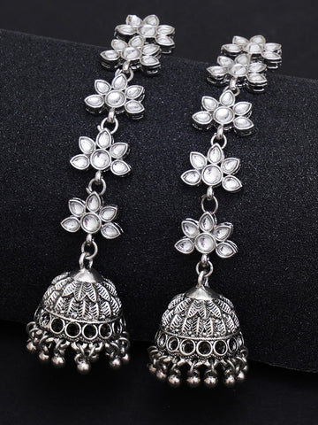 Silver-Toned Floral Kundan Studded Jhumkas Earrings