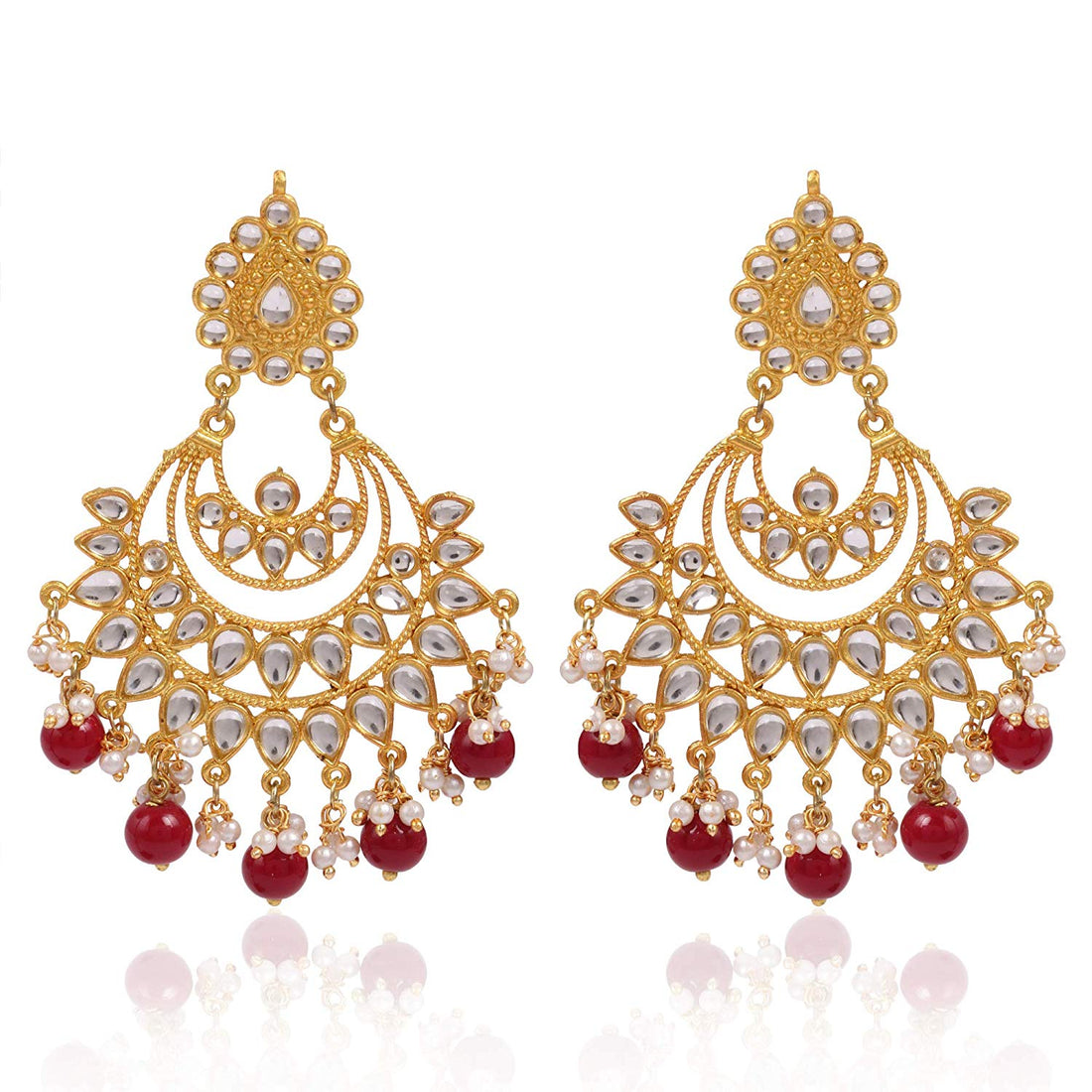 Karatcart Red Beads and Kundan Chandbali Earrings
