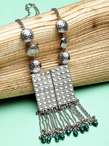 Silver-Toned & Green Silver-Plated Oxidised Necklace