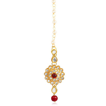 Traditional Gold Plated Red Beads Kundan Maangtikka For Women