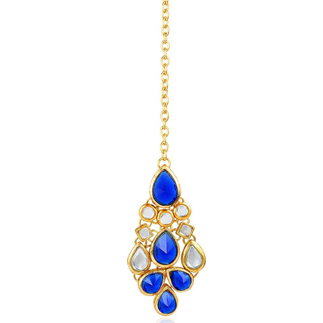 Traditional Gold Plated Blue Stone Kundan Maangtikka For Women