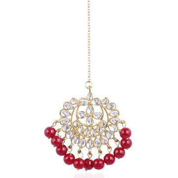 Traditional Gold Plated Red Beads Kundan Maangtikka For Women