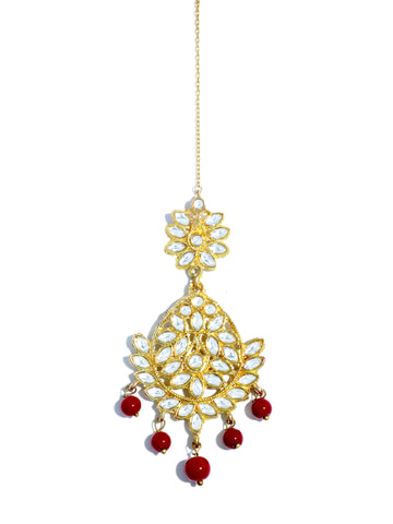 Traditional Gold Plated Red Beads Kundan Maangtikka for Women