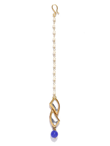 Traditional Gold Plated Blue Beads Kundan Maangtikka for Women