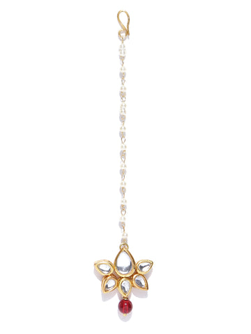 Traditional Gold Plated Red Beads Kundan Maangtikka for Women