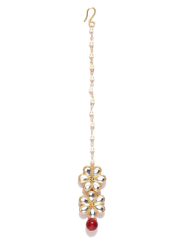 Traditional Gold Plated Red Beads Kundan Maangtikka for Women