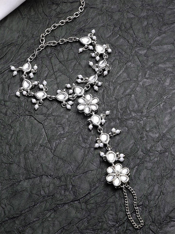 Women Silver-Plated Karatcart Oxidised Kundan Hathphool