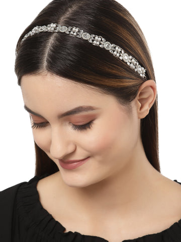 Karatcart Oxidised Silver Pearl Ball Studded Floral Kundan Hairband for Women