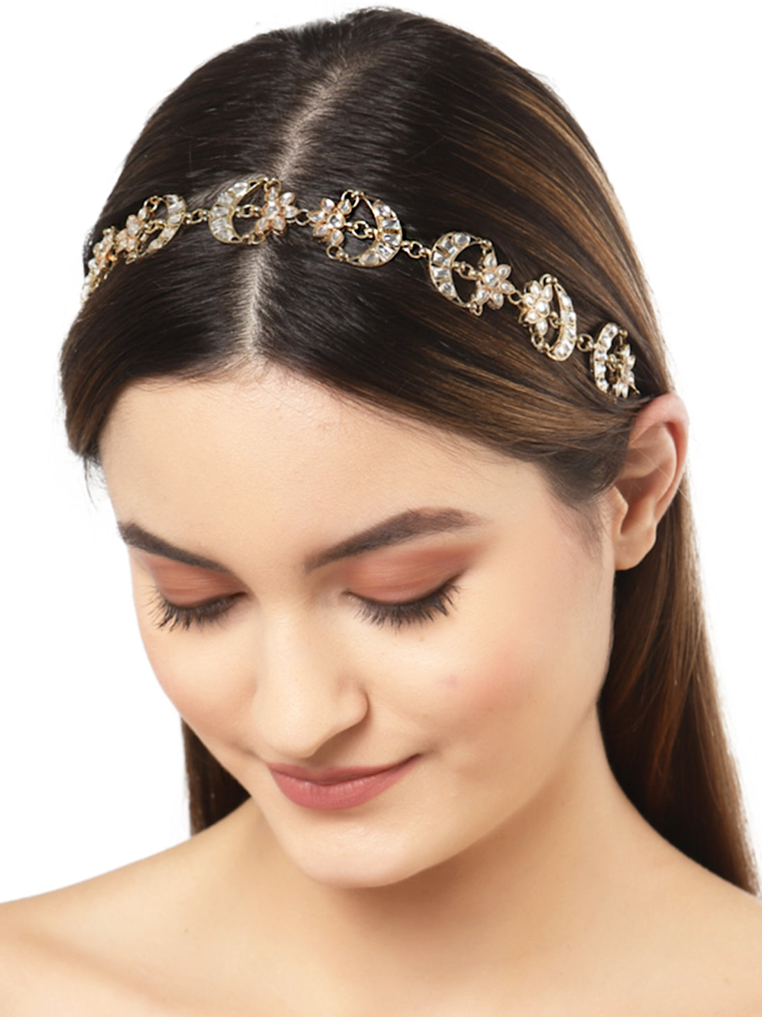 Karatcart Gold Plated Moon and Flower Shaped Kundan Hairband for Women