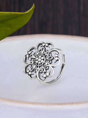 KUNUZ 925 Sterling Silver Oxidised Antique Adjustable Ring for Women