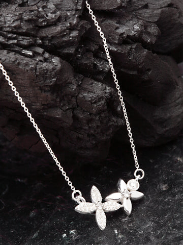KUNUZ 925 Sterling Silver Rhodium-Plated Floral Pendant Studded with CZ for Women