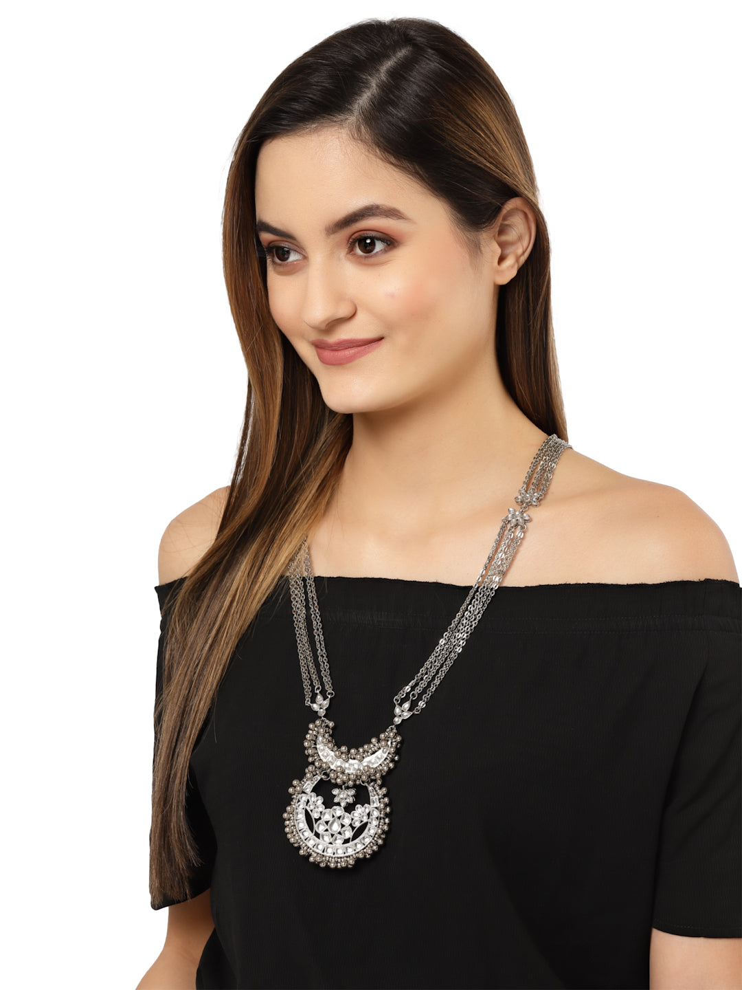 Karatcart Oxidised Silver Multistrand Long Chain Kundan Necklace for Women
