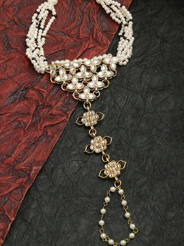 KARATCART Gold Plated Pearl Beaded Kundan Hathphool for Women
