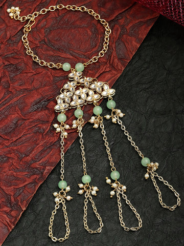 KARATCART Gold Plated Light Green Beads Kundan Hathphool for Women