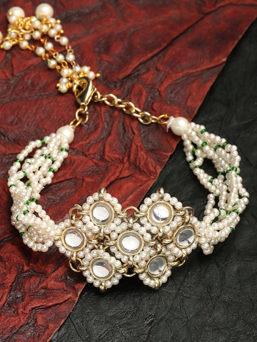 KARATCART Gold Plated Pearl Beaded Kundan Bracelet for Women