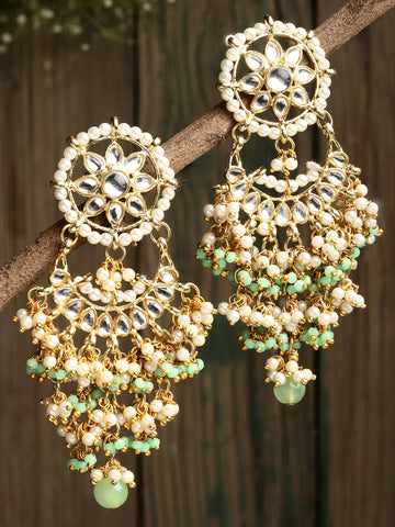 Light Green Crystal and Pearl Kundan Dangler Earrings for Women