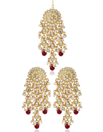 Gold Plated Red Beads Kundan Dangler Earrings with Maangtikka