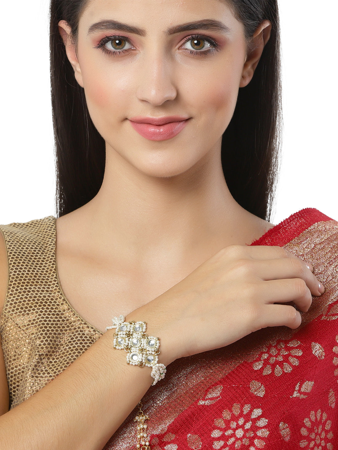 KARATCART Gold Plated Pearl Beaded Kundan Bracelet for Women