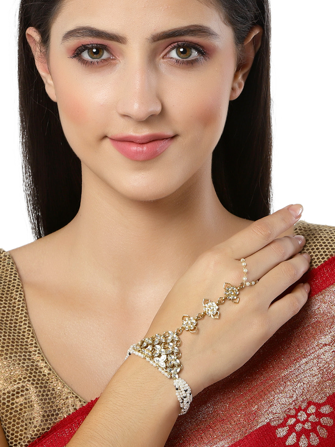 KARATCART Gold Plated Pearl Beaded Kundan Hathphool for Women