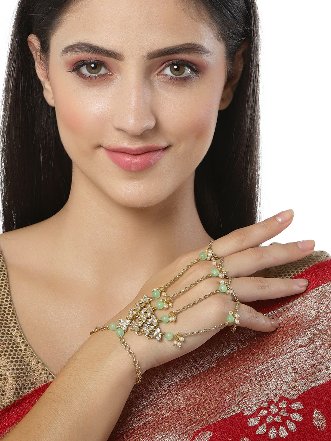 KARATCART Gold Plated Light Green Beads Kundan Hathphool for Women
