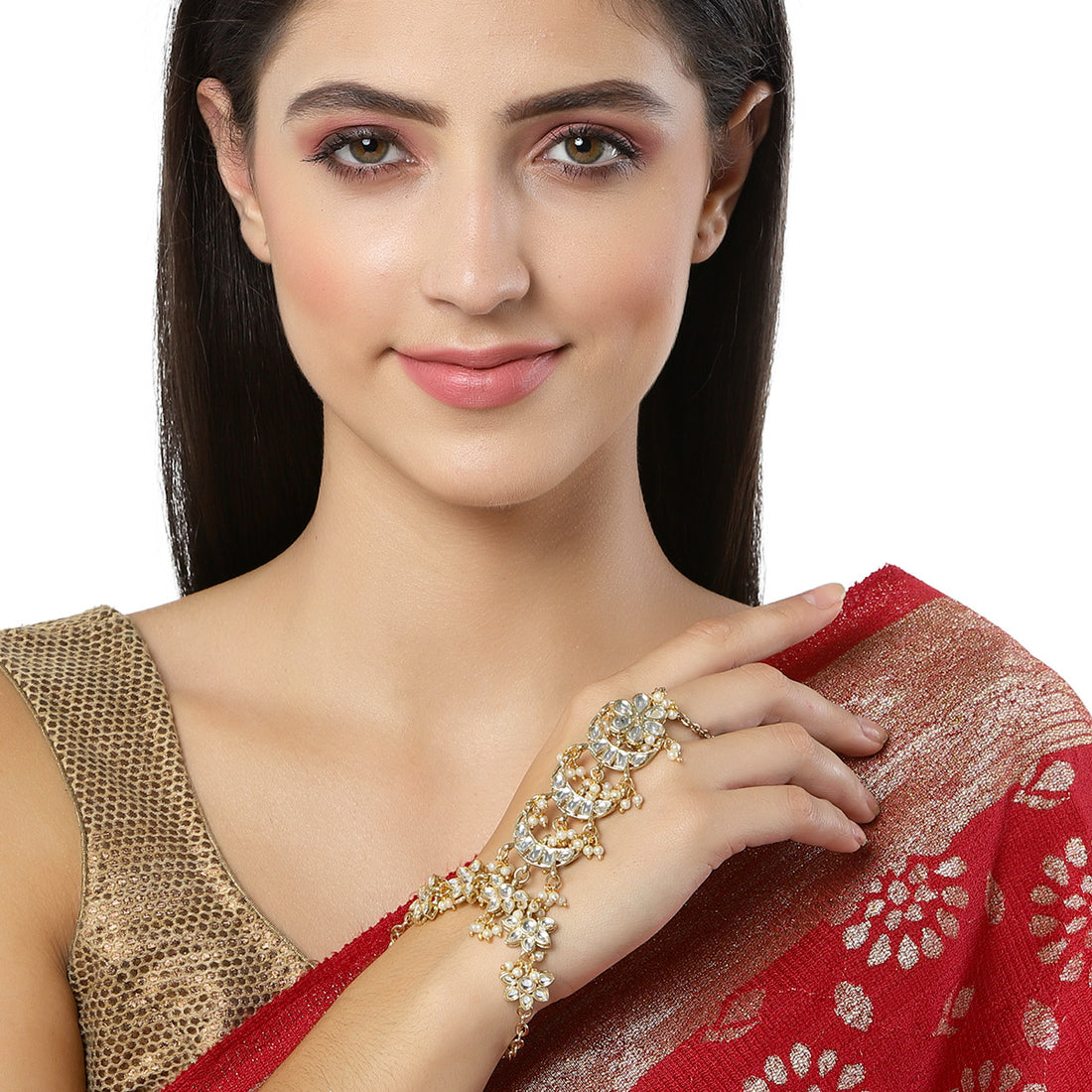 KARATCART Gold Plated Pearl and Moon Shape Kundan Hathphool for Women