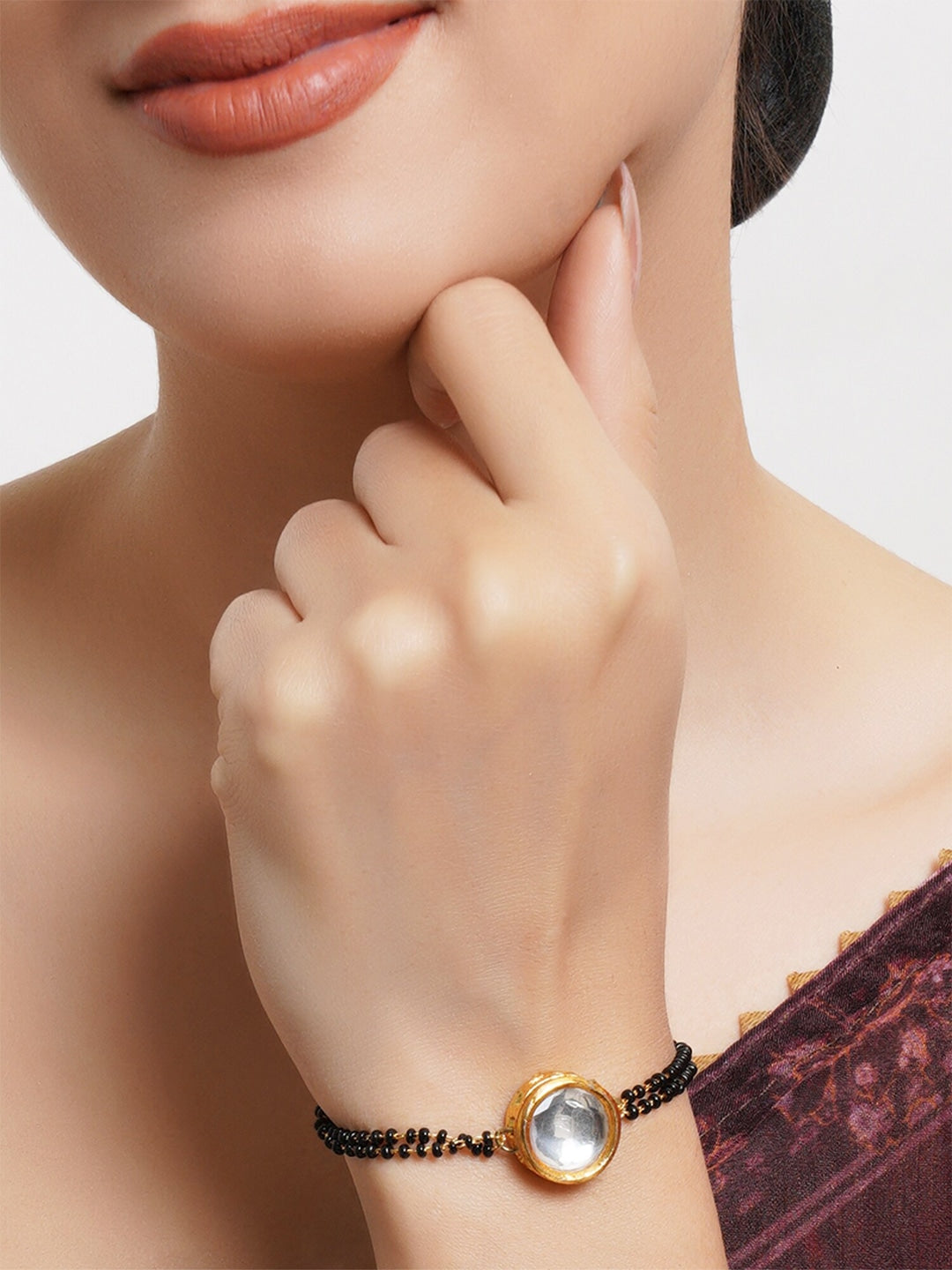 Karatcart Gold Plated Round Polki Kundan Handcrafted Charm Mangalsutra Bracelet for Women