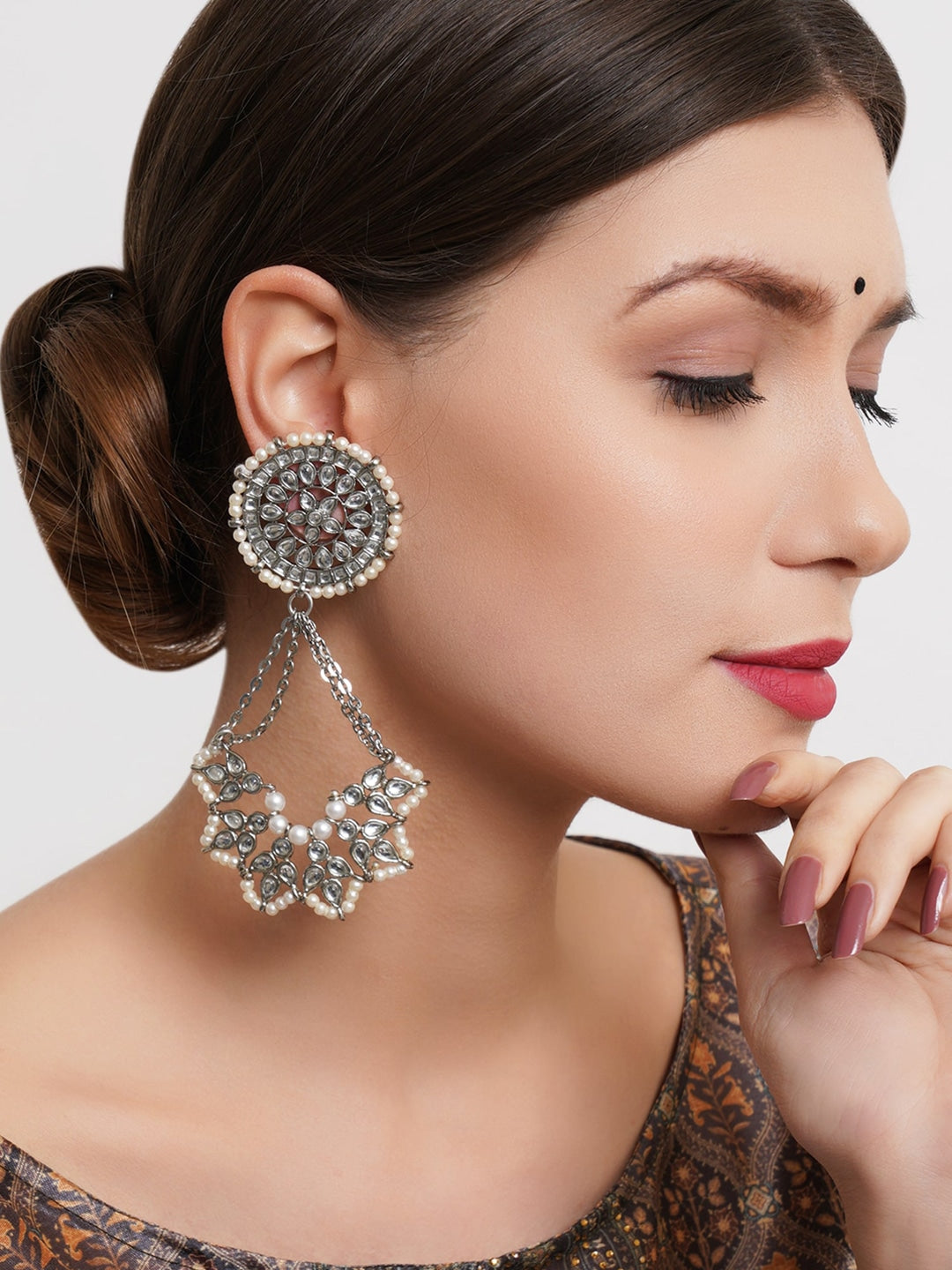 Silver-Plated Oxidised Kundan Studded Floral Chandbali Earrings
