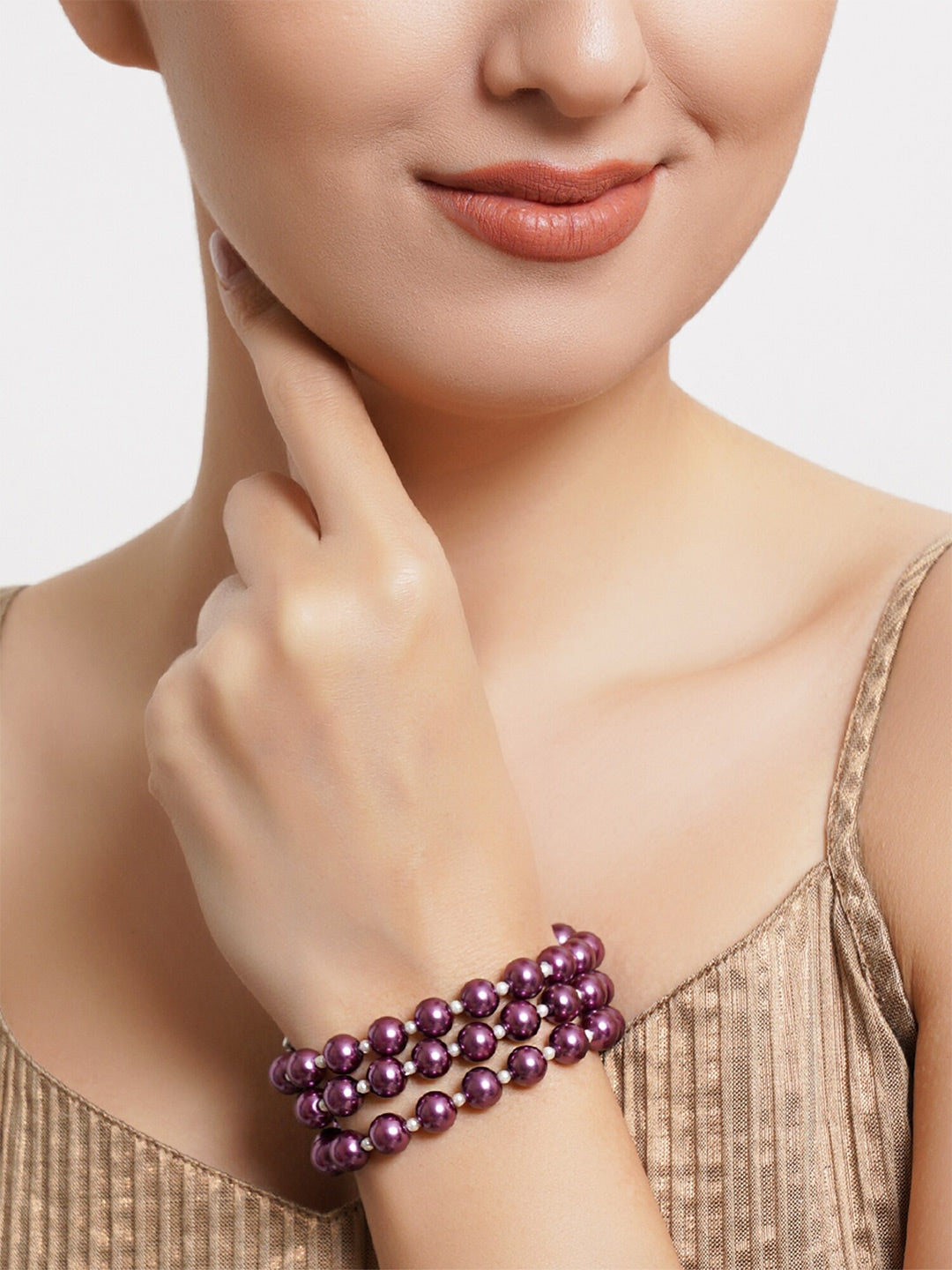 Women Purple & Silver-Toned Beaded Kundan Multistrand Bracelet