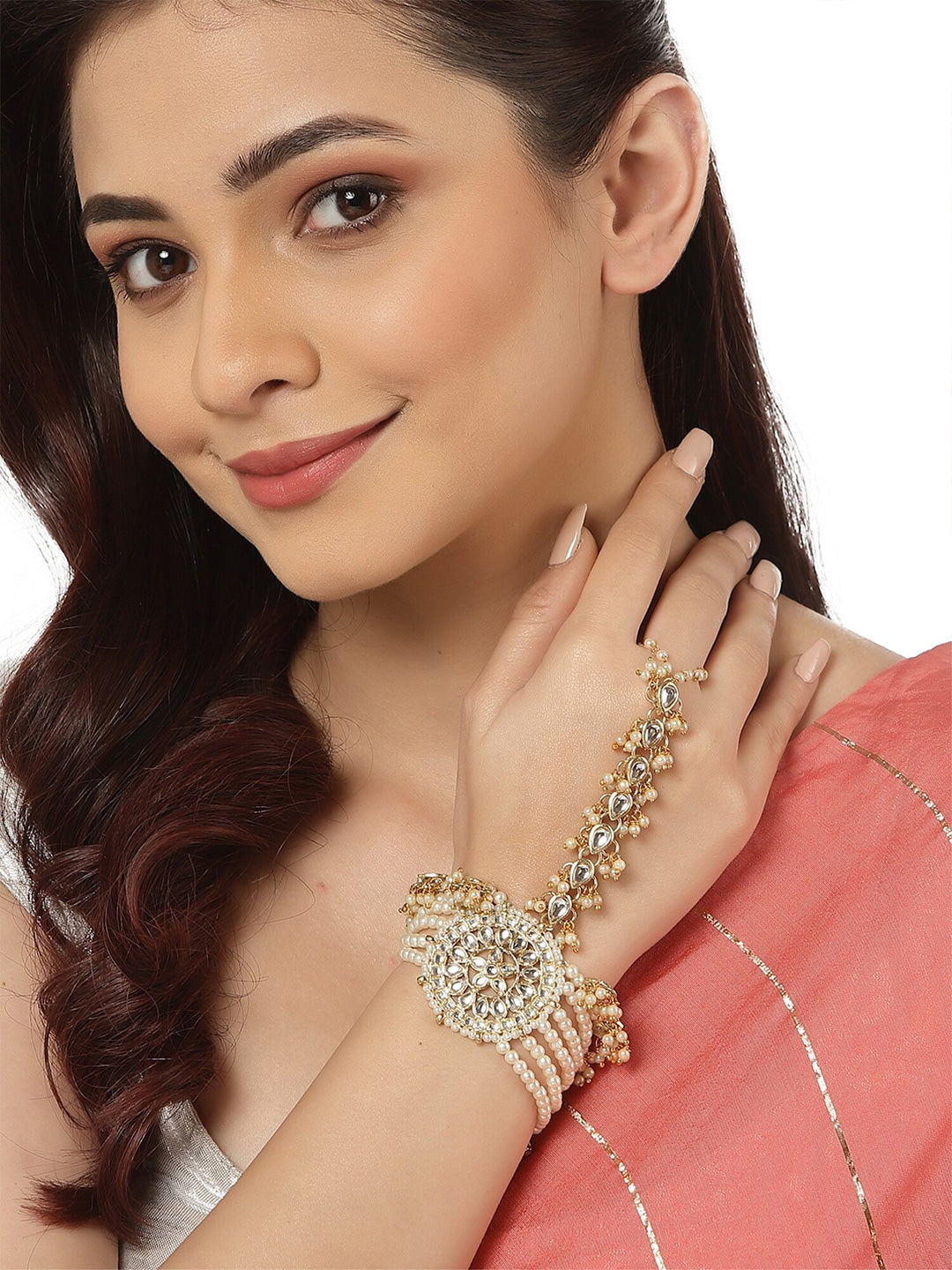 Women Gold-Toned & White Kundan Handcrafted Gold-Plated Hathphool