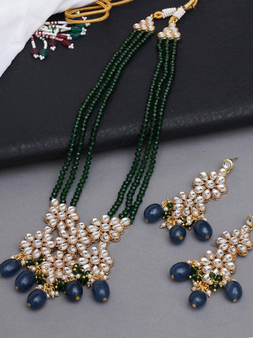 Gold-Plated White Kundan-Studded Beaded Jewellery Set