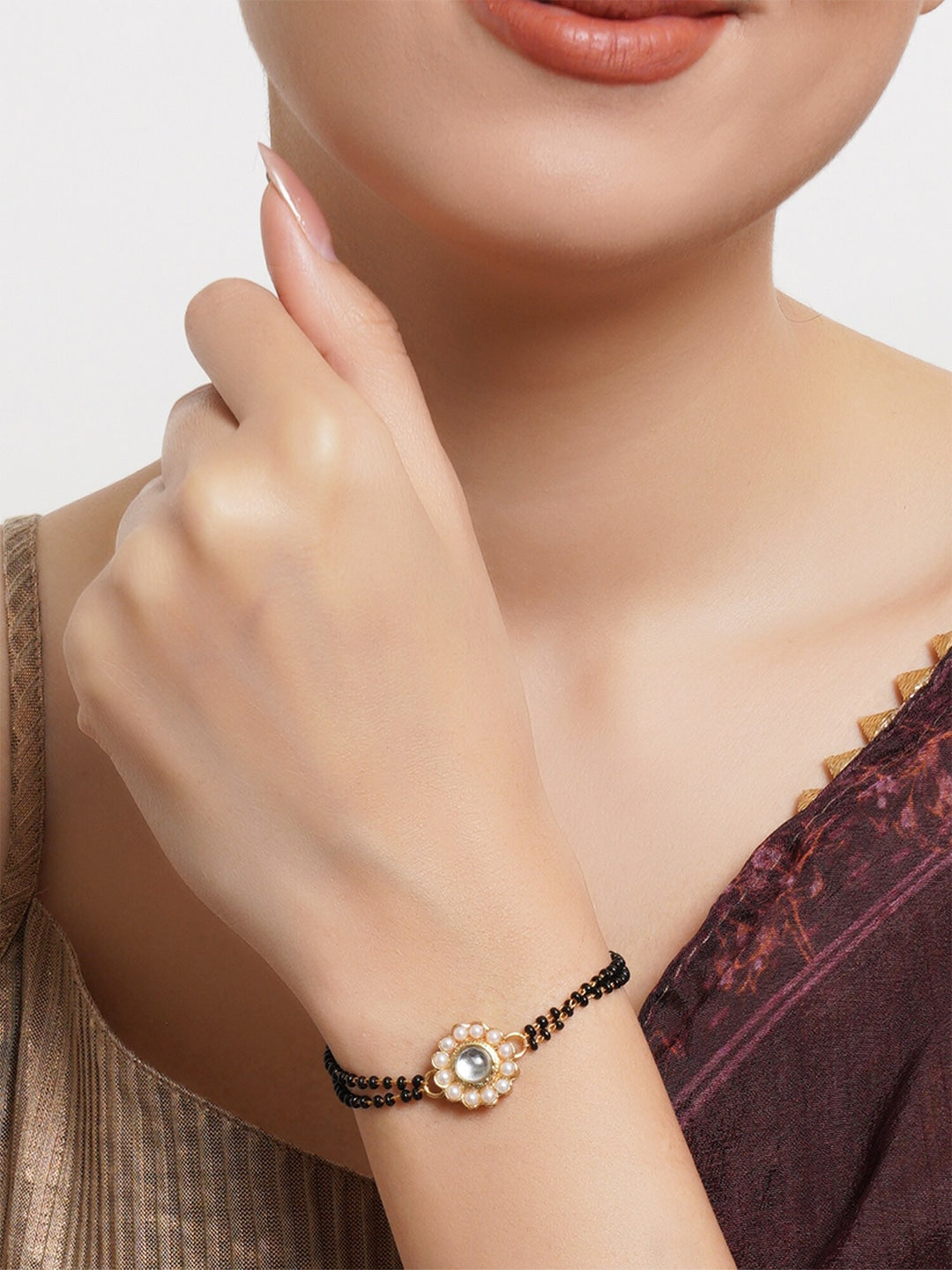 Women Gold-Plated & Black Charm Mangalsutra Bracelet