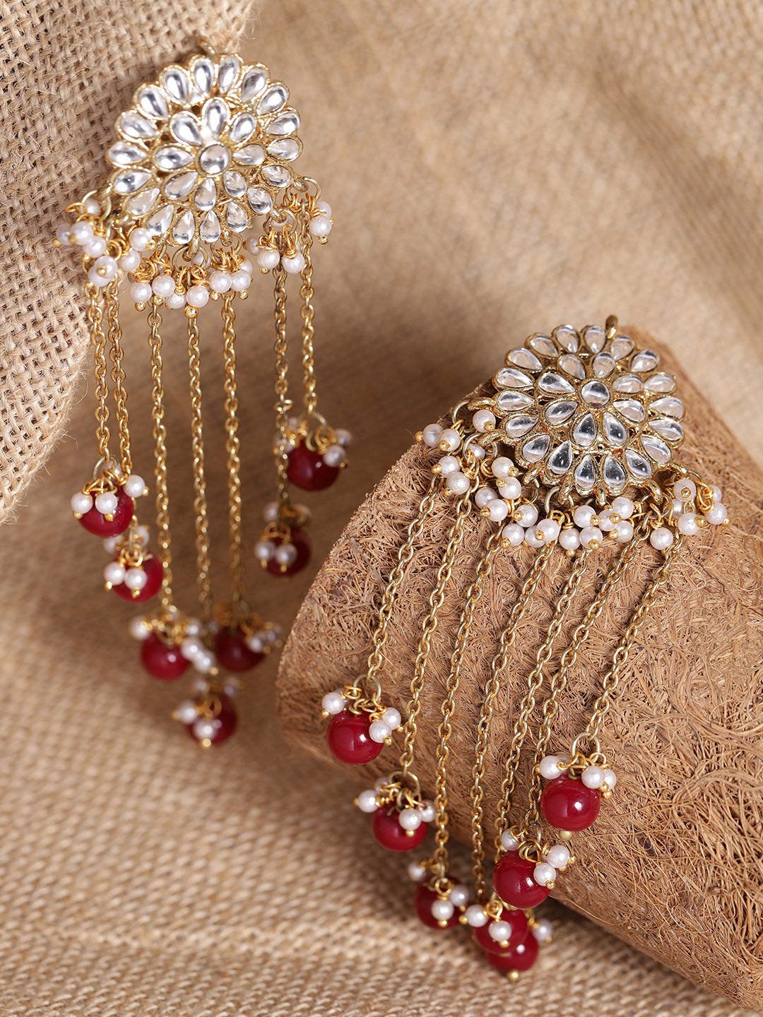 Kundan Maroon Tassel Earrings