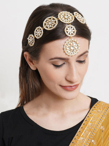 Traditional Gold Plated Floral White Kundan Studded Sheeshphool for Women