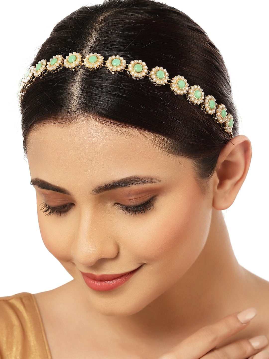 Women Gold Plated & Lime Green Studded Hairband