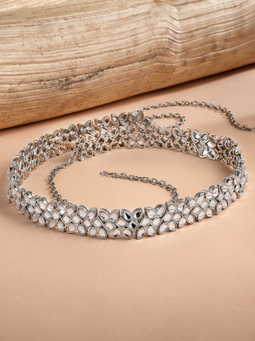 Oxidised Silver-Toned & White Kundan Studded Kamarbandh