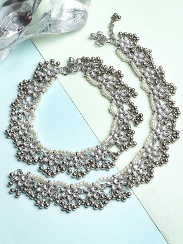 Set Of 2 Oxidised Silver-Plated White Kundan-Studded Anklets