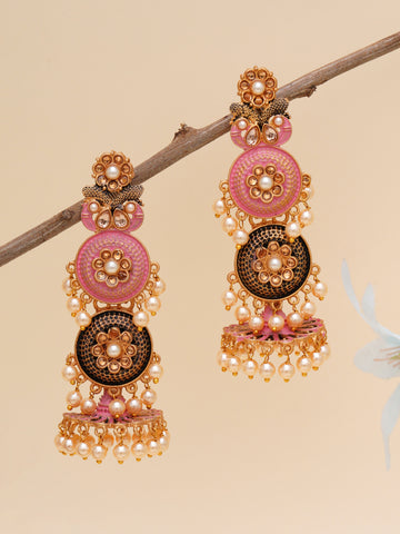 Karatcart Gold Plated Antique Floral Design Pink Drop Earrings for Women