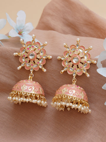 Karatcart Gold Plated Floral Design Pink Meena and Pearl Jhumki Earrings for Women