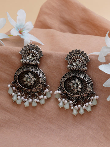 Karatcart Oxidised Silver Floral Design Monalisa Stone Studded Light Green Dangler Earrings