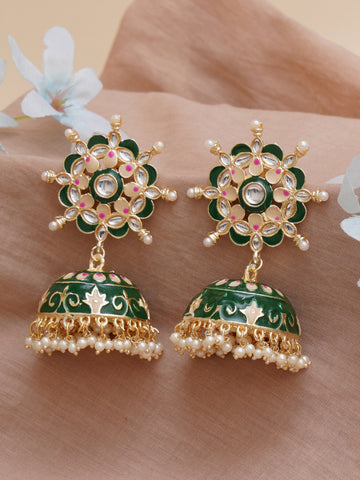 Karatcart Gold Plated Floral Design Green Meena and Pearl Jhumki Earrings for Women