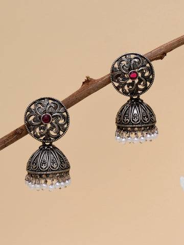 Karatcart Oxidised Silver Round Jhumki Earrings for Women