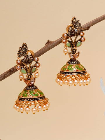 Karatcart Gold Plated Light Green Stone Studded Peacock Shape Jhumki Earrings for Women