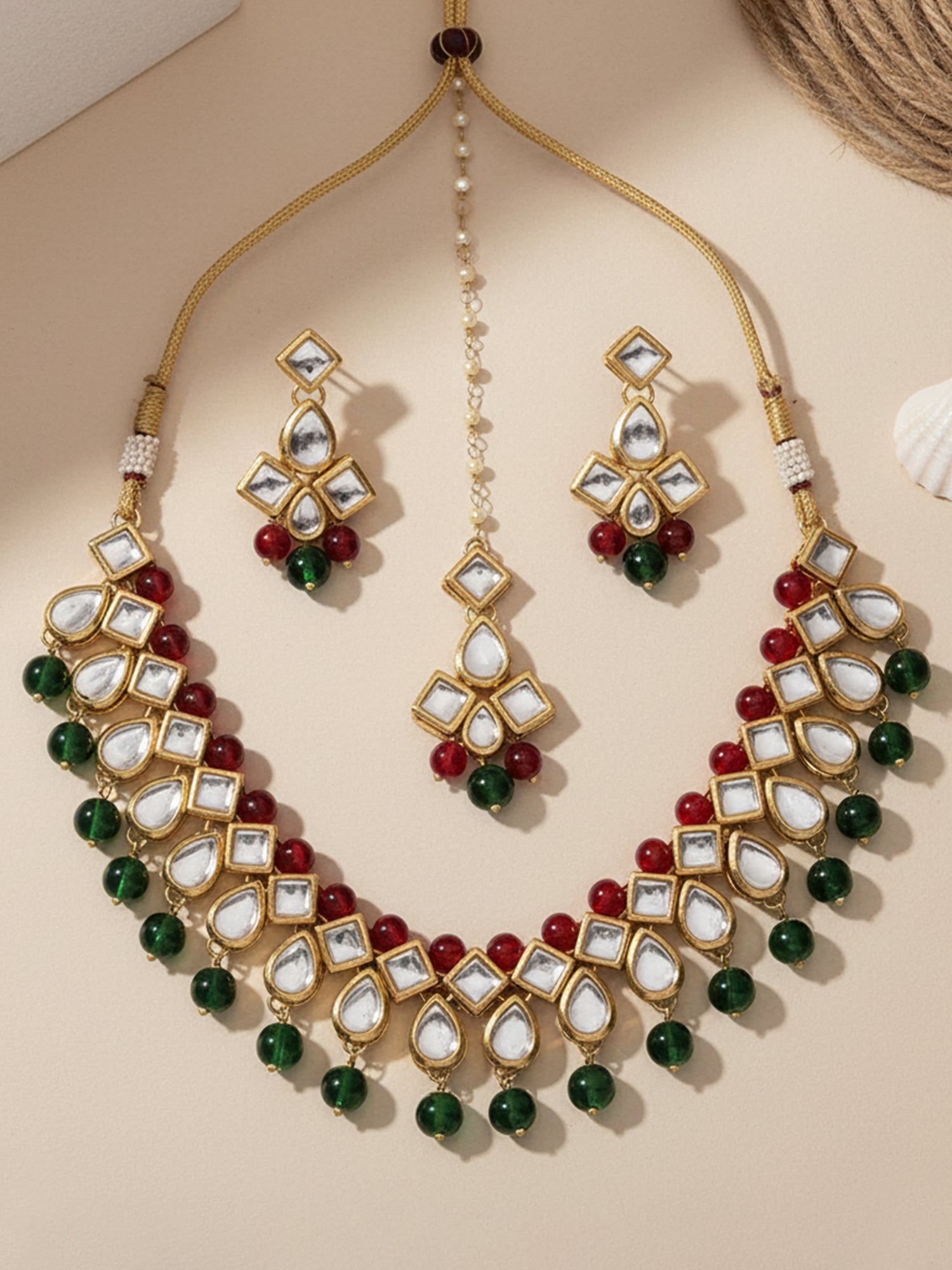 Karatcart Gold-Plated Handcrafted Red & Green Beads Studded Kundan Necklace Set
