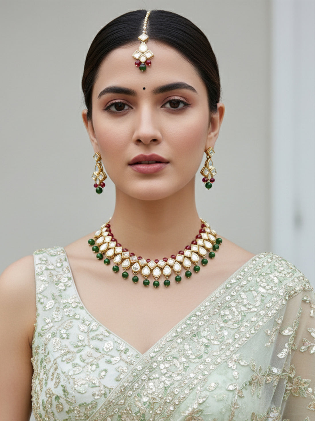 Karatcart Gold-Plated Handcrafted Red & Green Beads Studded Kundan Necklace Set