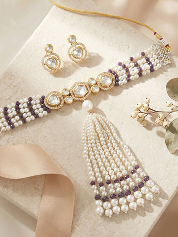 KARATCART Designer Polki Kundan Pearl & Purple Crystal Gold-Plated Choker Jewellery Set for Women