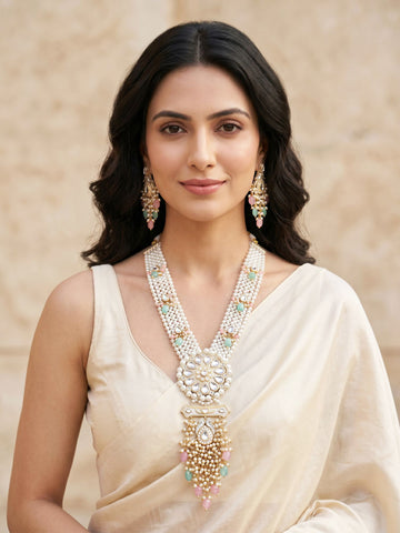 KARATCART Designer Pink & Sea Green Stone Gold-Plated Pearl Beaded Rani Haar Jewellery Set for Women