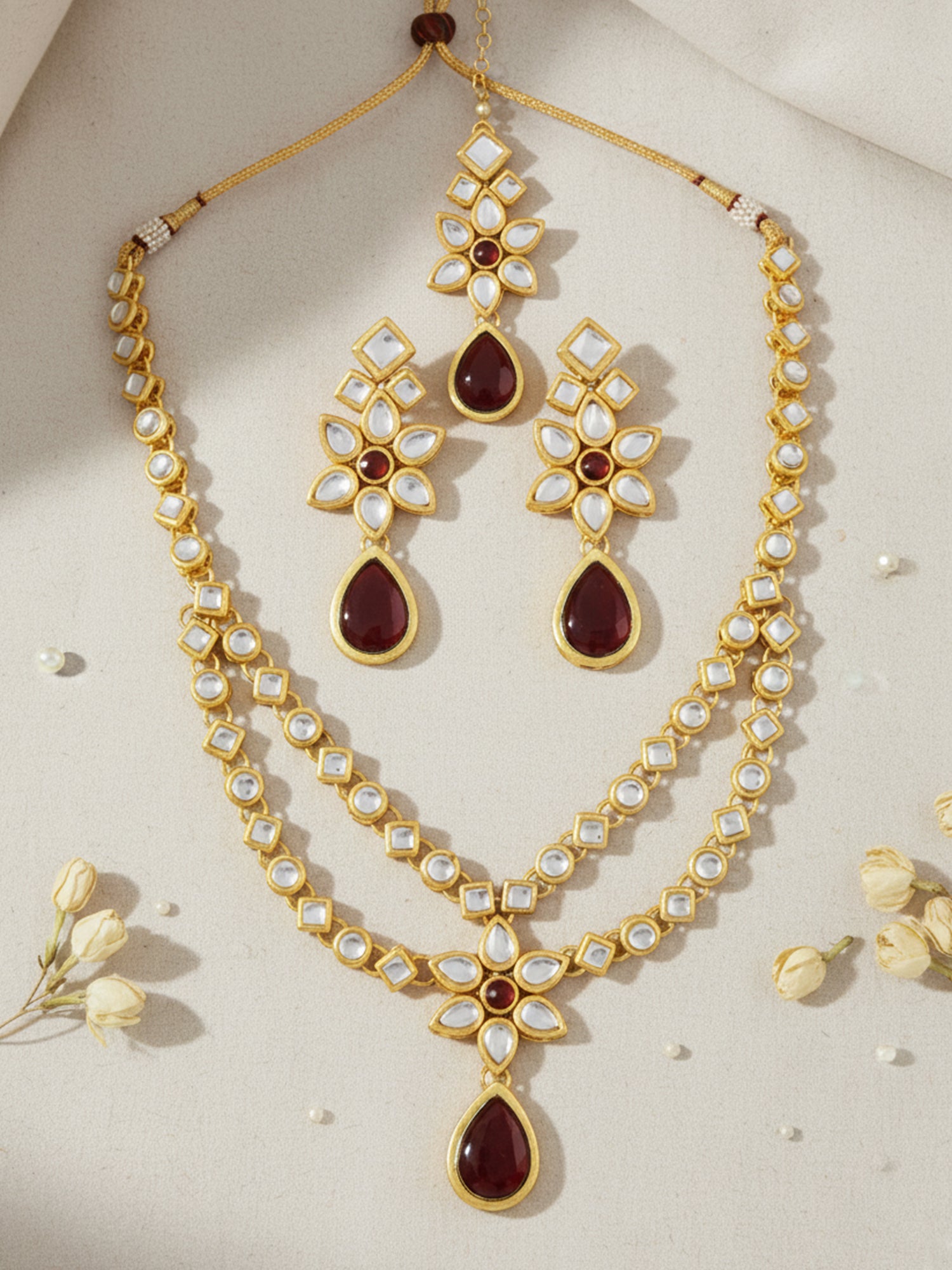 Kundan Layered Red Drop Ethnic Necklace set For Women