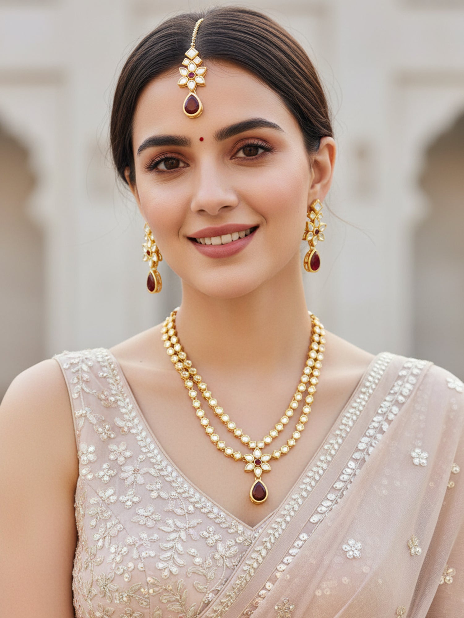 Kundan Layered Red Drop Ethnic Necklace set For Women